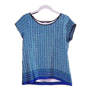 Pim + Larkin Short Sleeve Satin Blouse in Blue & Green Geometric Print Women's M